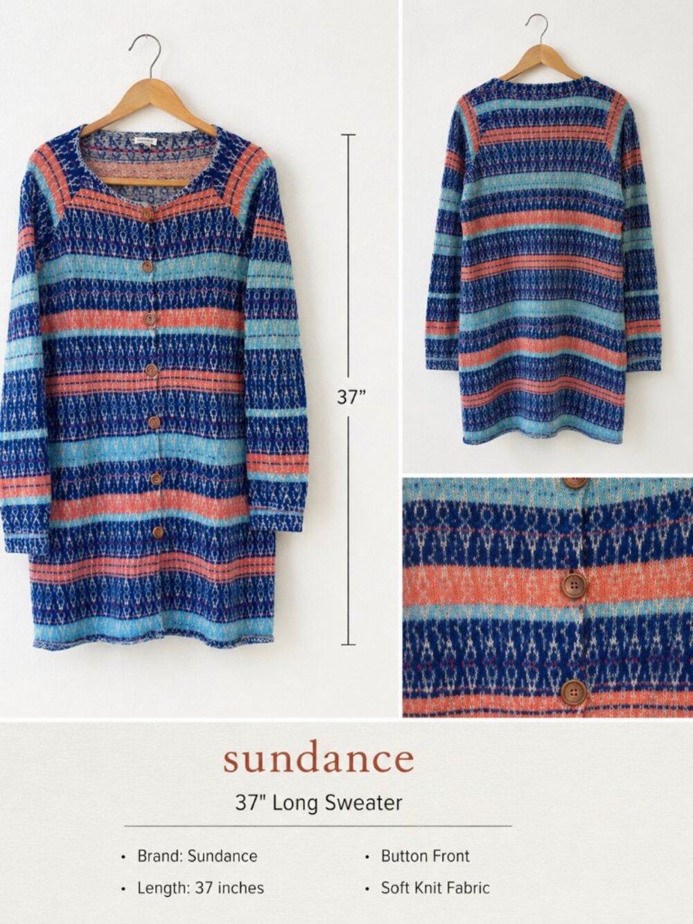 Sundance Womens Size XL Blue Coral Fair Isle Cotton Blend Boho Cardigan Sweater